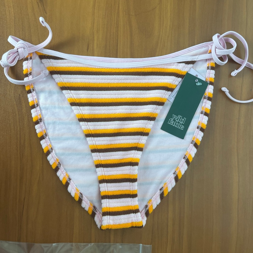 Wild Fable Stripe Terry Side Tie Bikini Bottom Swimsuit Orange Pink Brown Medium